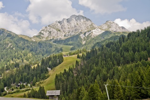 Sommerliche Almlandschaft am Nassfeld: Nadelwald und Almwiesen mit einzelnen Hütten, darüber schroffe helle Kalkgipfel unter Wolken