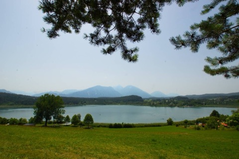Blick von einer Wiese am Nordhang über den Turnersee auf die Karawanken, eingerahmt von Kiefernzweigen, am Ufer rechts Sonnenschirme