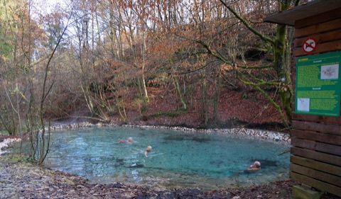 Unteres Quellbecken des Maibachls mit klarem Thermalwasser im Wald von Warmbad Villach