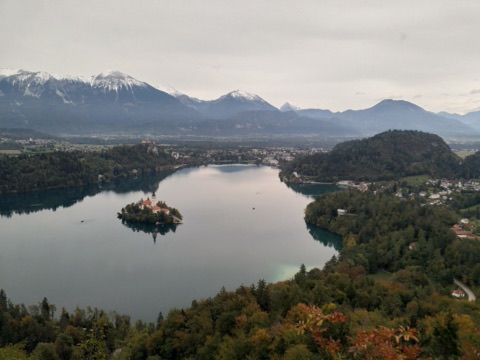 Blick von der Mala Osojnica auf den Bleder See mit Insel und Burg