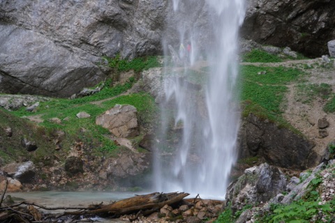 Der Wildensteiner Wasserfall stürzt über eine graue Felswand in ein kleines Becken