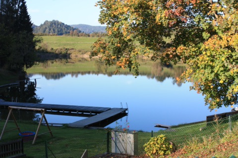 Kraiger See mit Badesteg und herbstlich gefärbtem Baum am Ufer