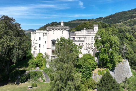 Weißes Schloss Wolfsberg mit Zinnen und Rundturm zwischen grünen Bäumen