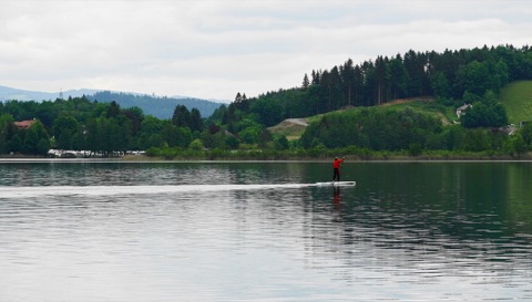 Ein Stand-up-Paddler in roter Jacke gleitet über einen ruhigen, von Wald und Schilf gesäumten See