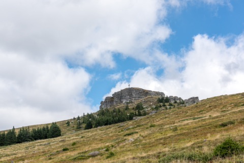 Der Große Sauofen auf der Saualpe von Süden, mit Almwiesen am Wanderweg 340