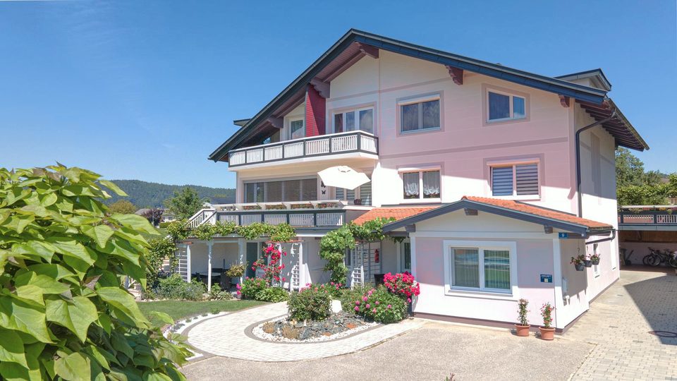 Hauseingang mit rundem Blumenbeet und Kletterpflanzen an der Pergola
