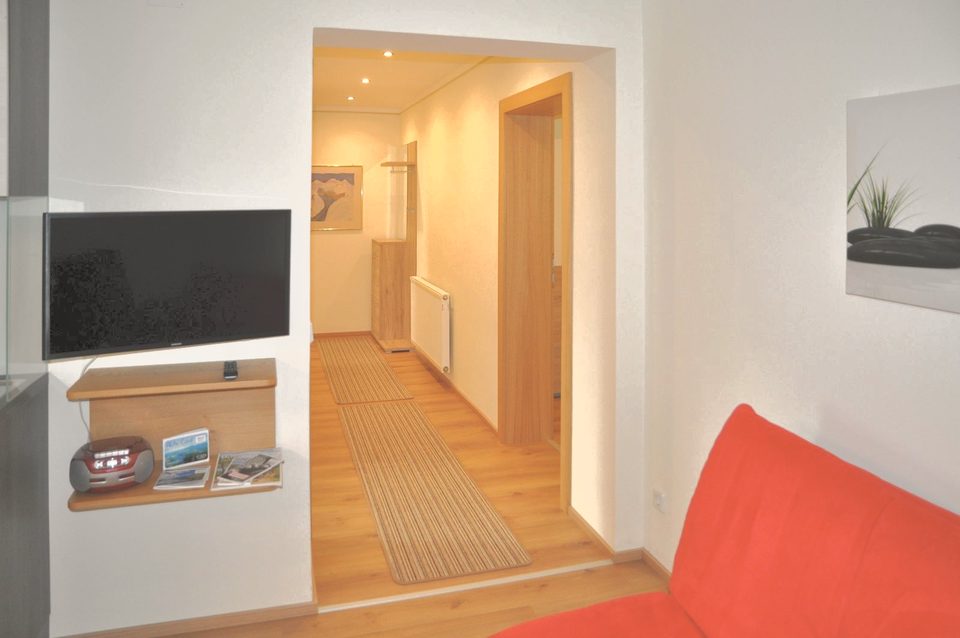 Wohnbereich mit Wandfernseher und Blick in den Vorraum
